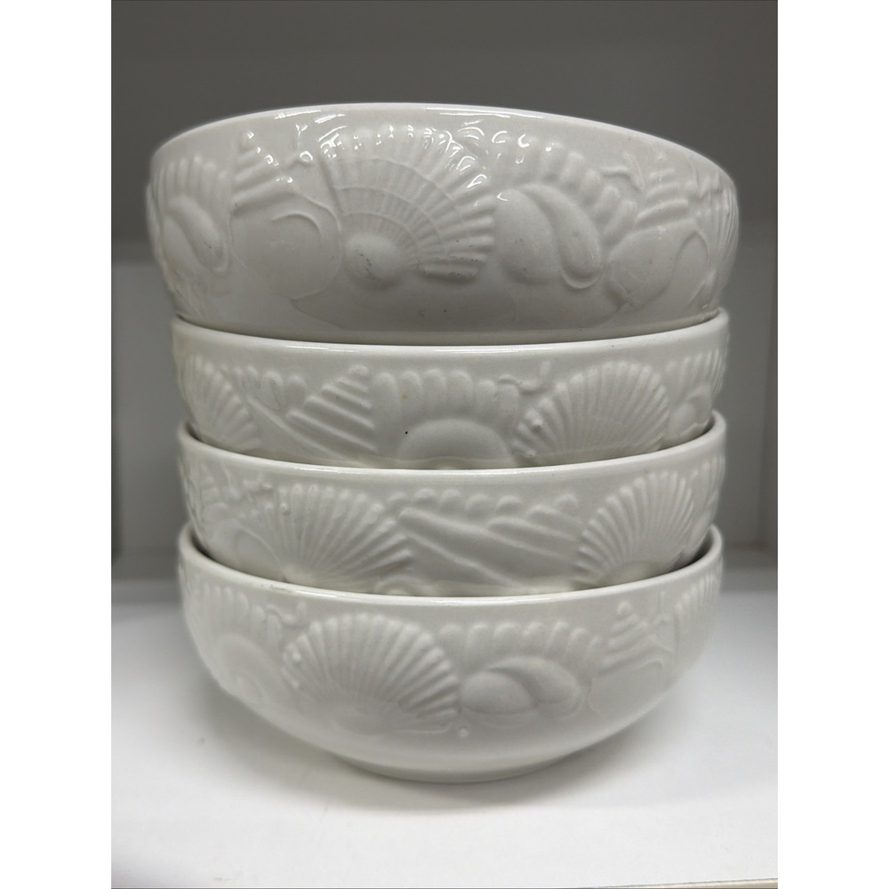 Set of 4 PFALTZGRAFF LIDO BEACH White Cereal Bowls 5.6 " Seashells Nautical